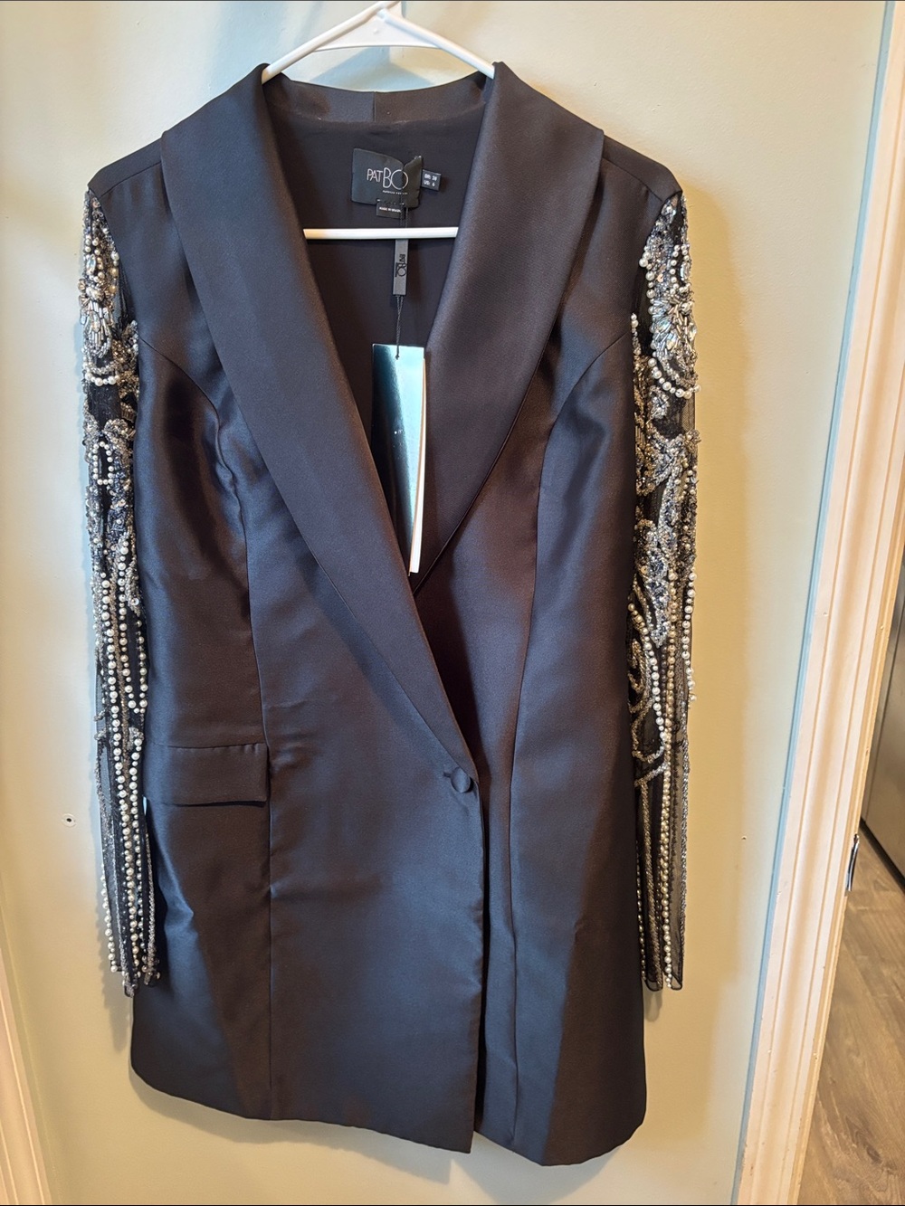 PatBO Black Satin Blazer with Beaded Sleeves